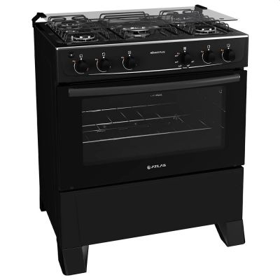 Fogão 5 Bocas Atlas Mônaco Plus Acend. Automático Preto com Mesa Inox Bivolt 