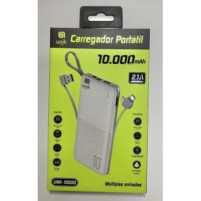 CARREGADOR PORTÁTIL UNIVERSAL 10.000 - POWER BANK UNIK COM CABOS MICRO USB, USB-C E LINGHTNING