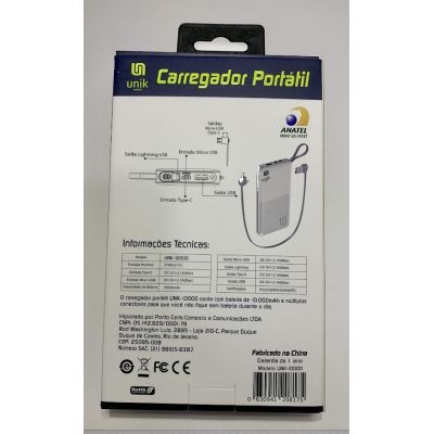 CARREGADOR PORTÁTIL UNIVERSAL 10.000 - POWER BANK UNIK COM CABOS MICRO USB, USB-C E LINGHTNING