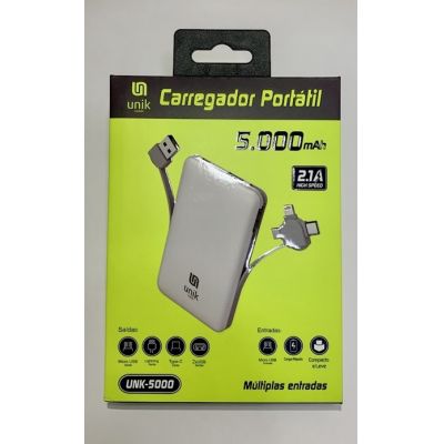 CARREGADOR PORTÁTIL UNIVERSAL 5.000 - POWER BANK UNIK COM CABOS MICRO USB, USB-C E LINGHTNING
