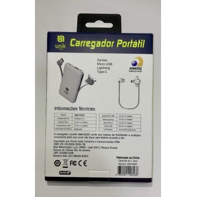 CARREGADOR PORTÁTIL UNIVERSAL 5.000 - POWER BANK UNIK COM CABOS MICRO USB, USB-C E LINGHTNING