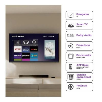Smart TV 50" Multi 4K UHD Roku Dolby Wi-fi Audio Alexa Google Home
