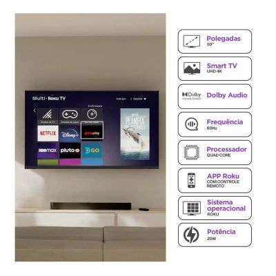 Smart TV 50" UHD 4K Multi TL059M Roku, Processador Quad Core, Dolby Audio, Alexa e Google Home