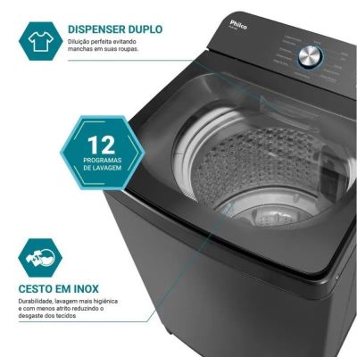 Lavadora de Roupas 14kg Philco PLR14B 12 Programas de Lavagem 110v