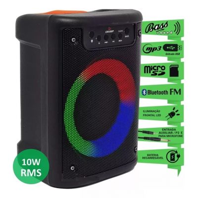 Caixa de Som Com Rádio FM 10W Luz LED RGB Bluetooth Entrada Microfone e Auxiliar D4141 - Grasep