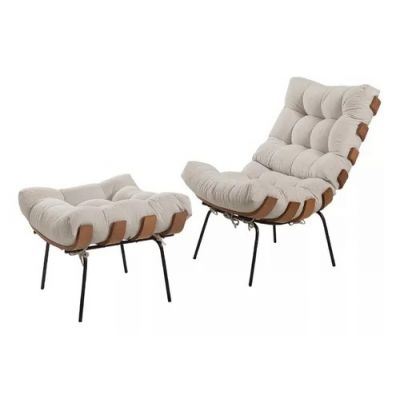 Poltrona + Puff Costela Linho Bege 1053 House Deccor 