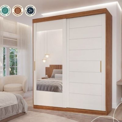 Guarda Roupa Flora 2,02m 2 portas de correr c/ espelho MDF Cinamomo / Off White Panan