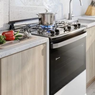 Fogão 5 Bocas Electrolux PerfectCook Acend. Automático Branco com Mesa Inox Bivolt 