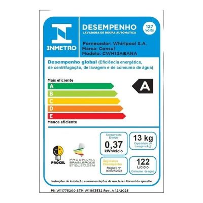 Lavadora de Roupas 13Kg Consul CWH13AB Dosagem Econômica Branca 110V