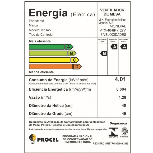 Ventilador de Mesa Mondial VTX-40-8P 40cm Turbo 140W 8 Pás 110V