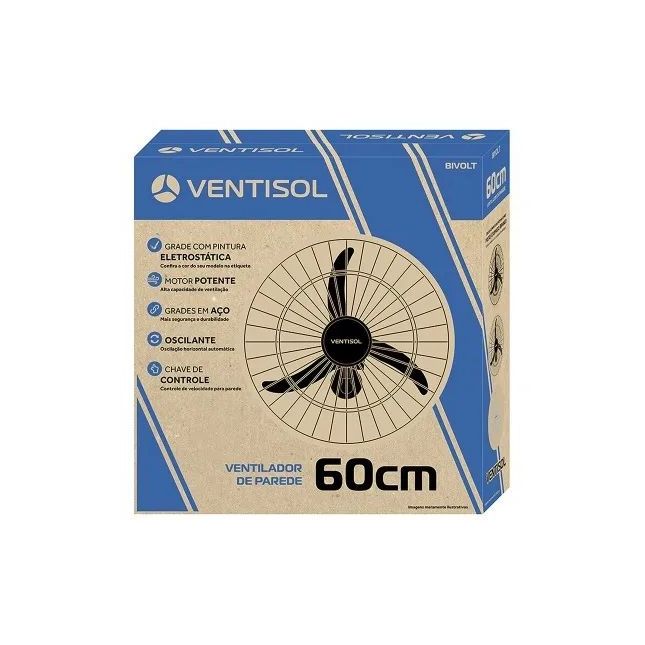 Ventilador de Parede Ventisol 60cm 200W Oscilante Premium Preto Bivolt