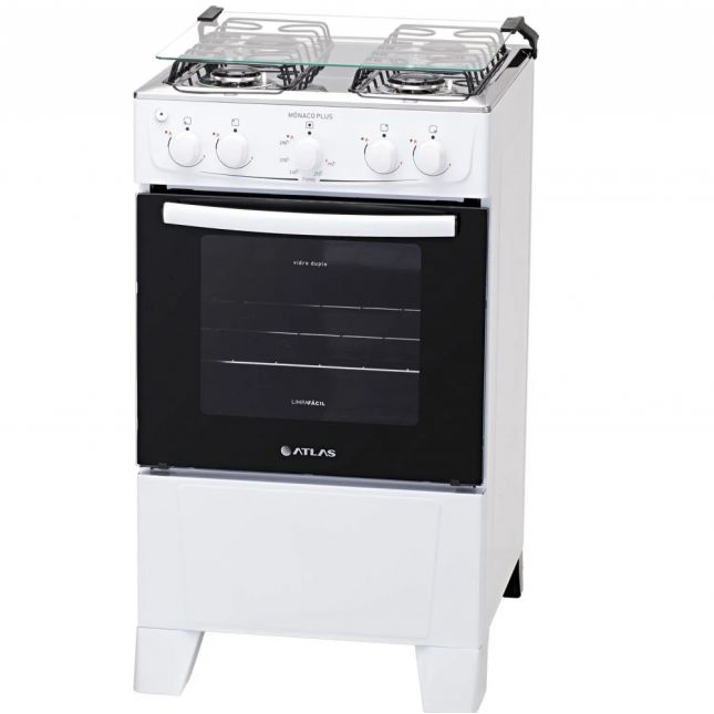 Fogão 4 Bocas Atlas Mônaco Plus Acend. Automático Branco Mesa Inox Bivolt