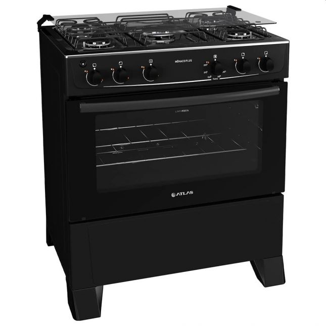 Fogão 5 Bocas Atlas Mônaco Plus Acend. Automático Preto com Mesa Inox Bivolt 