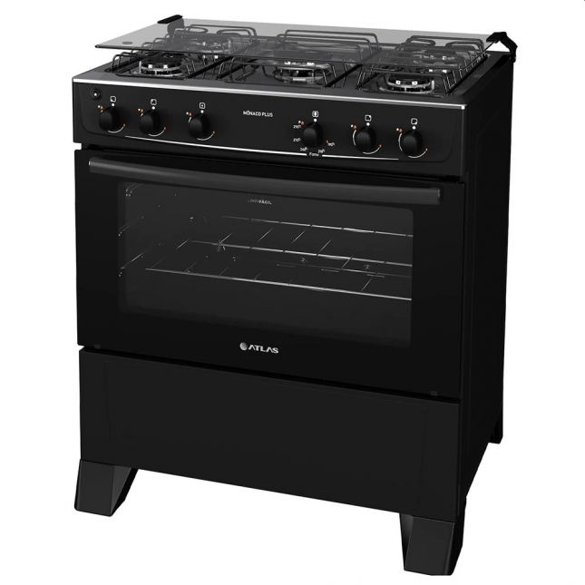 Fogão 5 Bocas Atlas Mônaco Plus Acend. Automático Preto com Mesa Inox Bivolt 
