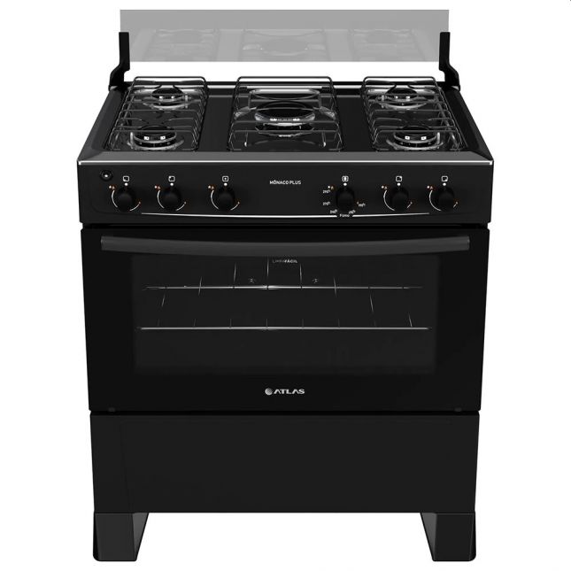 Fogão 5 Bocas Atlas Mônaco Plus Acend. Automático Preto com Mesa Inox Bivolt 