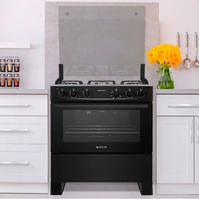 Fogão 5 Bocas Atlas Mônaco Plus Acend. Automático Preto com Mesa Inox Bivolt 