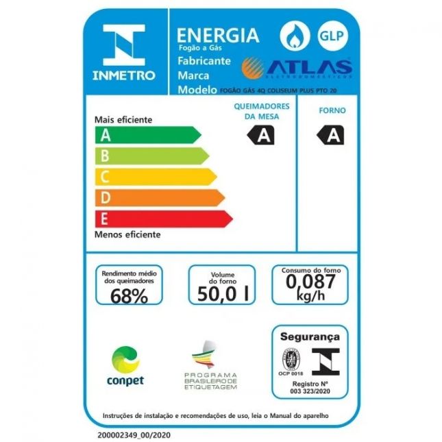 Fogão Atlas Coliseum Plus 4 Bocas Acendimento Manual Mesa de Inox Forno 50L