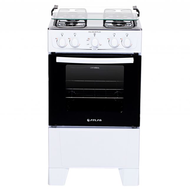 Fogão Atlas 4 Bocas Coliseum Plus com Mesa de Inox Forno Amplo Visor e Acendimento Manual  Branco