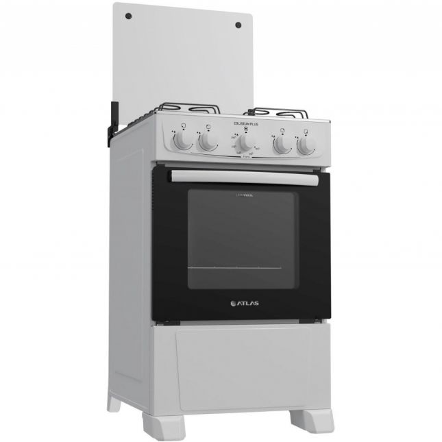 Fogão Atlas 4 Bocas Coliseum Plus com Mesa de Inox Forno Amplo Visor e Acendimento Manual  Branco