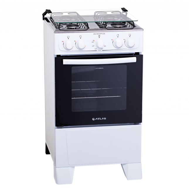 Fogão Atlas 4 Bocas Coliseum Plus com Mesa de Inox Forno Amplo Visor e Acendimento Manual  Branco