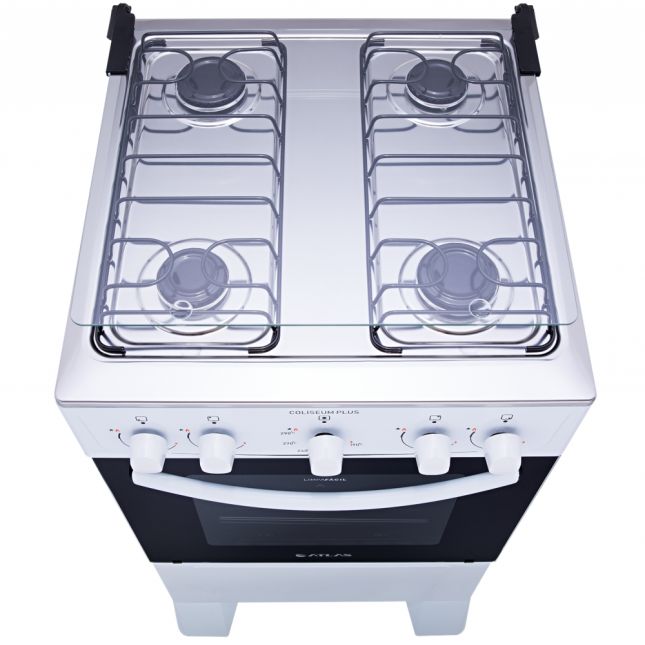 Fogão Atlas 4 Bocas Coliseum Plus com Mesa de Inox Forno Amplo Visor e Acendimento Manual  Branco