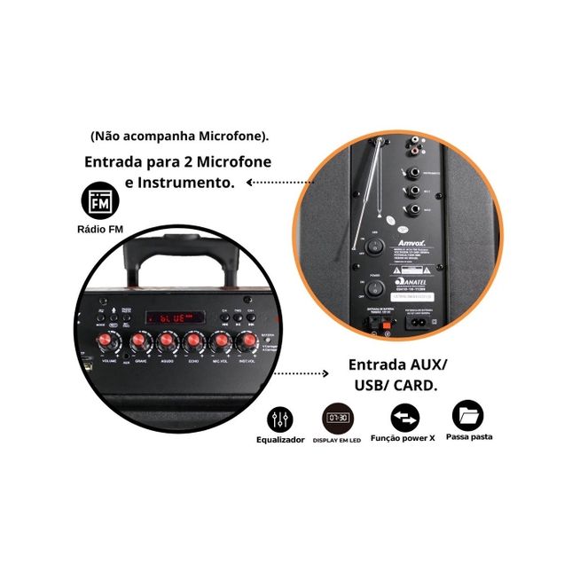  Caixa De Som Amvox Bluetooth Amplificada Aca 780 Vulcano Portátil 220v 110v 700