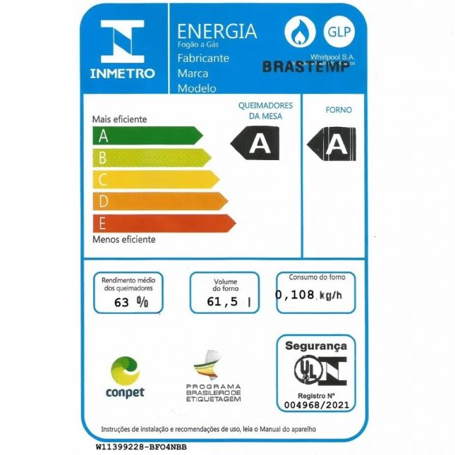 Fogão Brastemp 4 Bocas Automático Mesa em Aço Inox Forno 61L BFO4NBB Branco Bivolt