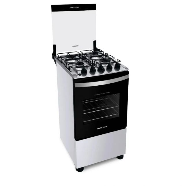 Fogão Brastemp 4 Bocas Automático Mesa em Aço Inox Forno 61L BFO4NBB Branco Bivolt