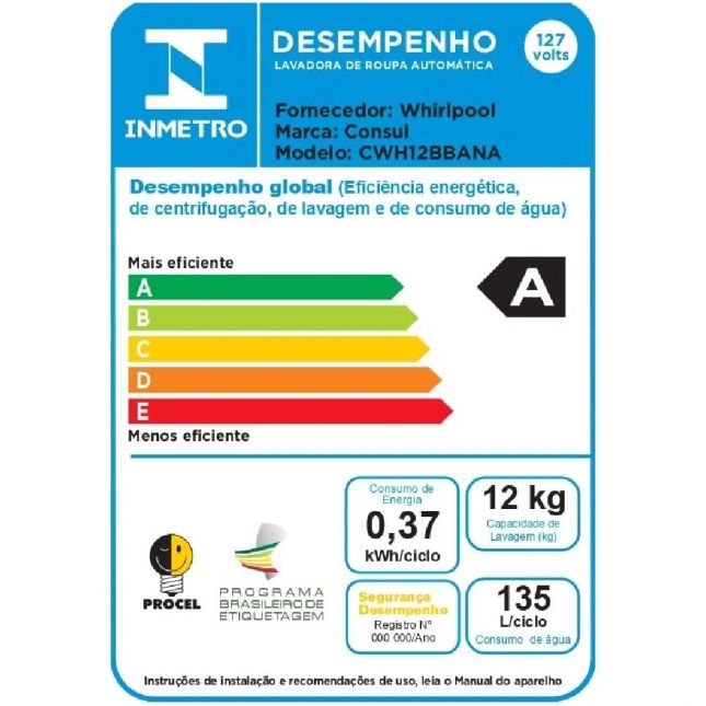 Lavadora de Roupas 12kg Consul CWH12BB Dosagem Econômica Branca 110 Volts