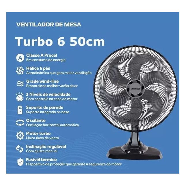 Ventilador De Mesa Turbo Preto 50Cm 6 Pás Oscilante Ventisol 135W 110v