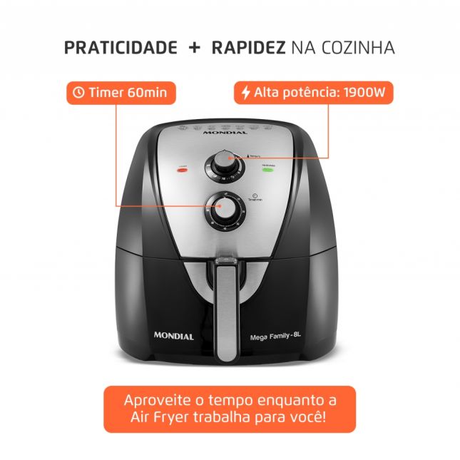 Air Fryer Fritadeira Elétrica Mondial 8l Preta - Afn-80 1900w 110v