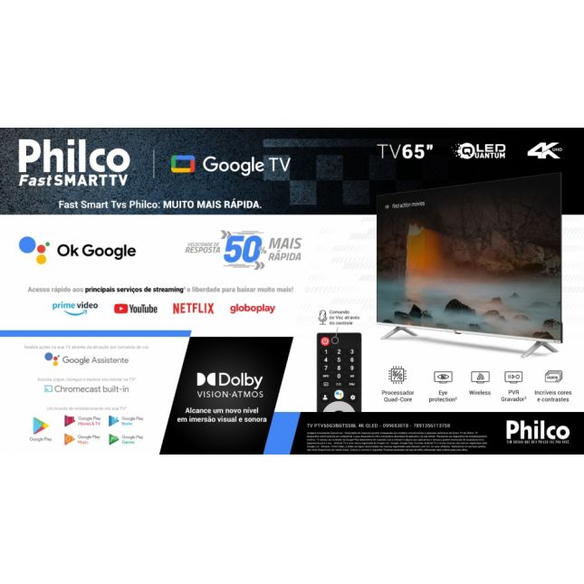TV 65 Philco QLED Smart 4k Android Ultra HD PTV65G3BGTSSBL Dolby Vision 