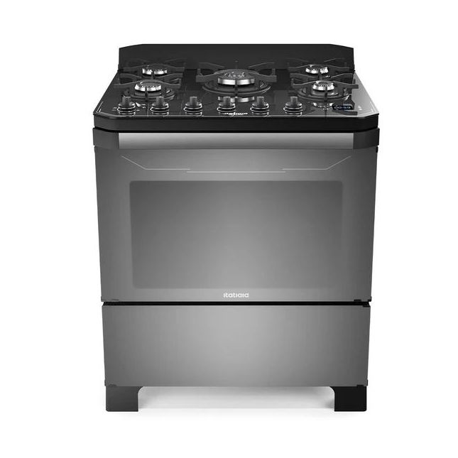 Fogão 5 Bocas Itatiaia Itamaster Acend. Automático Timer Preto Mesa Vidro  
