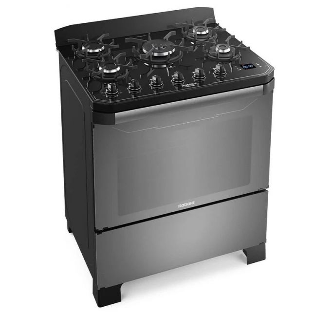 Fogão 5 Bocas Itatiaia Itamaster Acend. Automático Timer Preto Mesa Vidro  