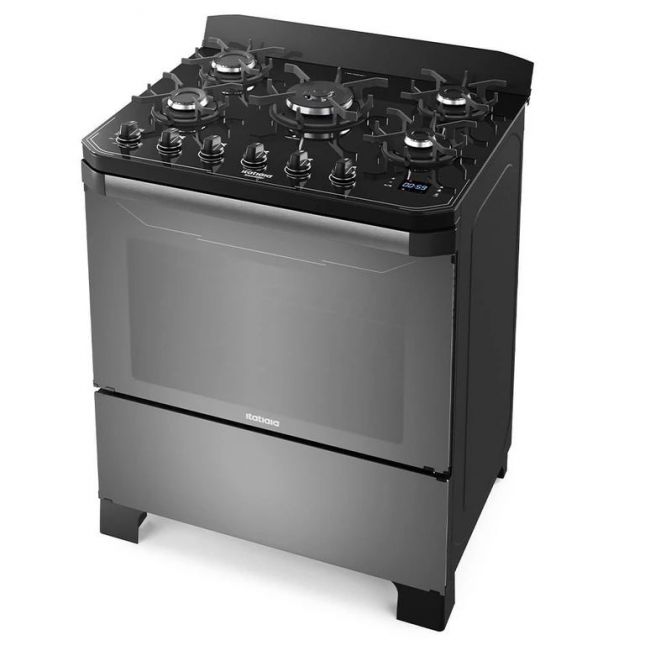 Fogão 5 Bocas Itatiaia Itamaster Acend. Automático Timer Preto Mesa Vidro  
