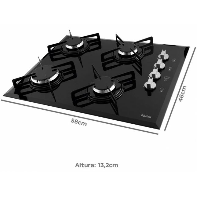 Cooktop 4 Bocas Philco a Gás Chef 4 Acendimento Automático Preto Bivolt