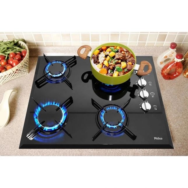 Cooktop 4 Bocas Philco a Gás Chef 4 Acendimento Automático Preto Bivolt