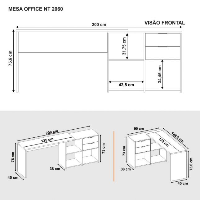 Mesa Office p/ Computador com tampo giratório 2 gavetas NT2060 Branco