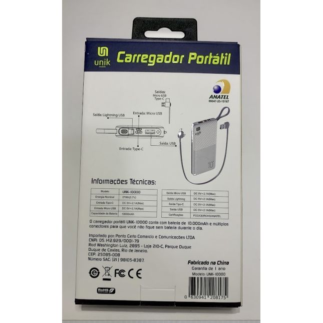 CARREGADOR PORTÁTIL UNIVERSAL 10.000 - POWER BANK UNIK COM CABOS MICRO USB, USB-C E LINGHTNING
