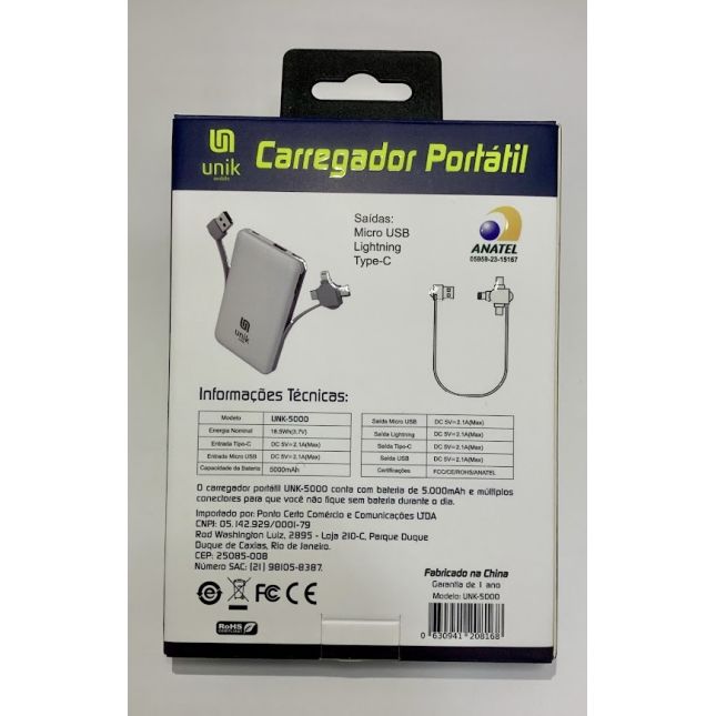 CARREGADOR PORTÁTIL UNIVERSAL 5.000 - POWER BANK UNIK COM CABOS MICRO USB, USB-C E LINGHTNING