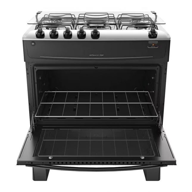 Fogão Atlas 5 Bocas Preto com Mesa Inox Mônaco Top Bivolt