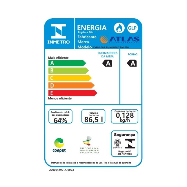 Fogão Atlas 5 Bocas Preto com Mesa Inox Mônaco Top Bivolt
