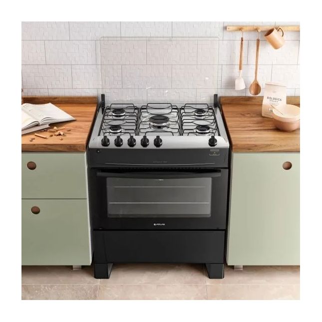 Fogão Atlas 5 Bocas Preto com Mesa Inox Mônaco Top Bivolt