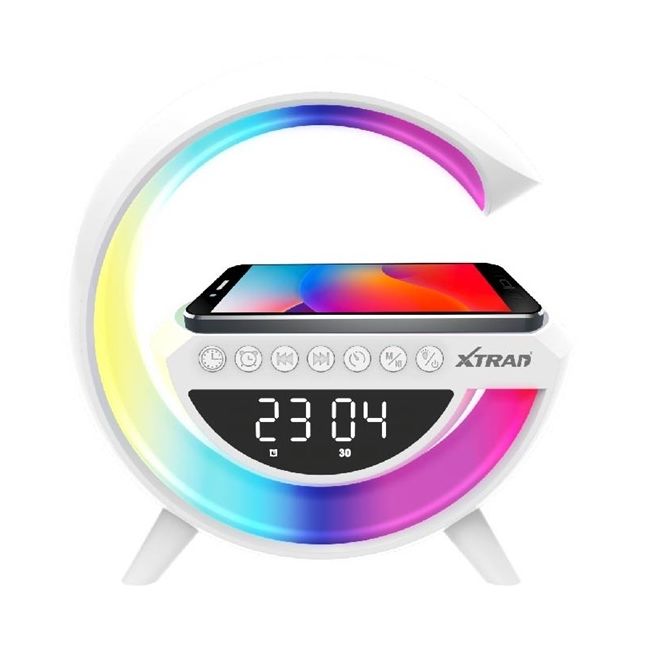 Caixa De Som Bluetooth Luminária Rádio Relógio Carregador Por Indução Xtrad Andromeda G Xdg-8601