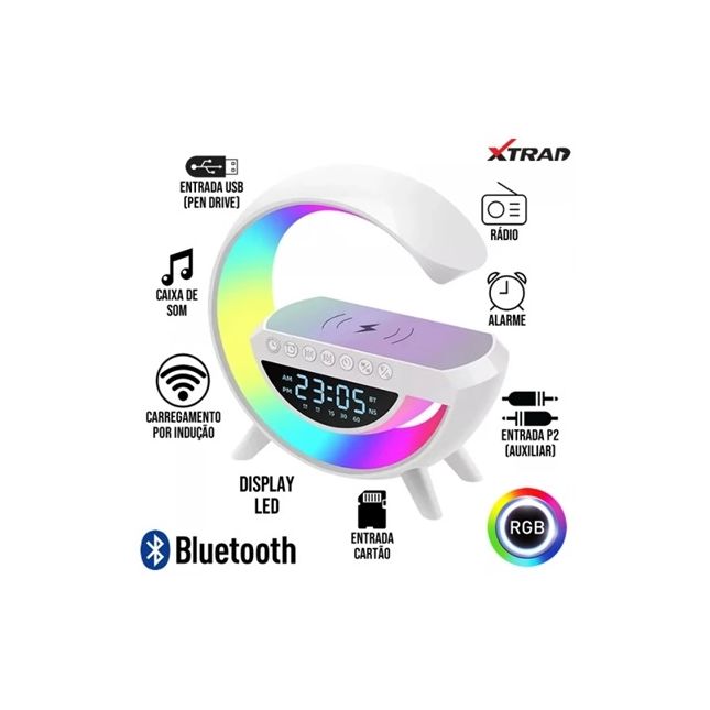 Caixa De Som Bluetooth Luminária Rádio Relógio Carregador Por Indução Xtrad Andromeda G Xdg-8601