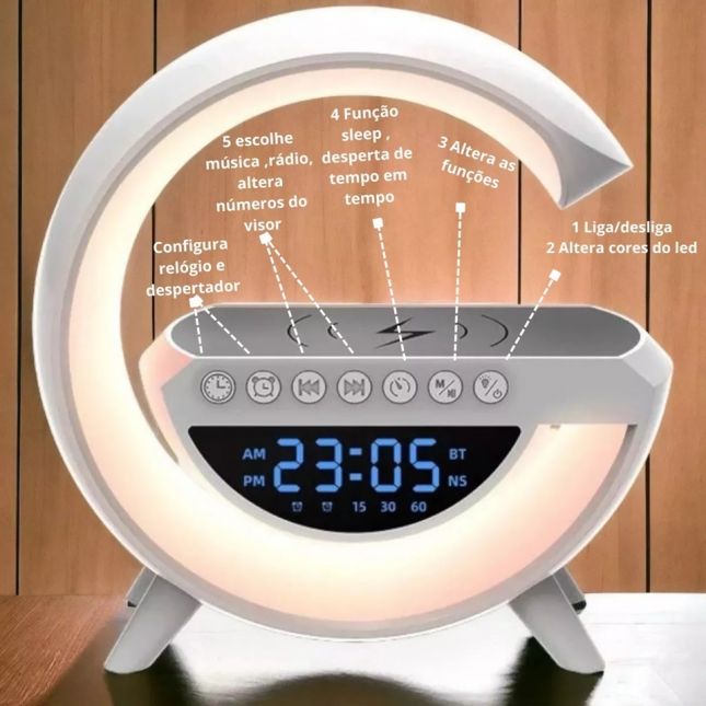 Caixa De Som Bluetooth Luminária Rádio Relógio Carregador Por Indução Xtrad Andromeda G Xdg-8601