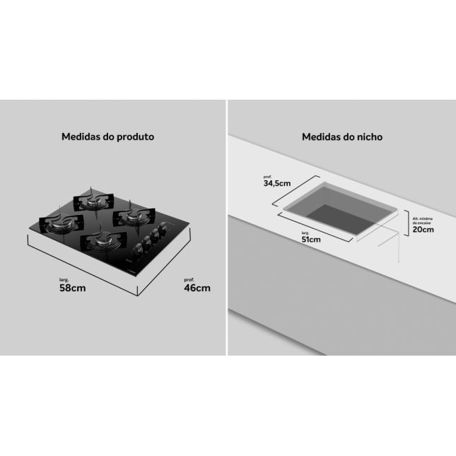 Cooktop 4 Bocas Atlas a Gás com Mesa de Vidro Utop Preto Bivolt