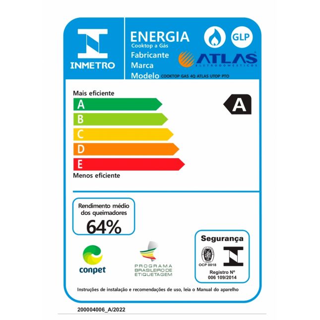 Cooktop 4 Bocas Atlas a Gás com Mesa de Vidro Utop Preto Bivolt