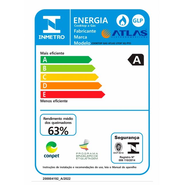 Cooktop 5 Bocas Atlas a Gás com Mesa de Vidro U Top Preto Bivolt