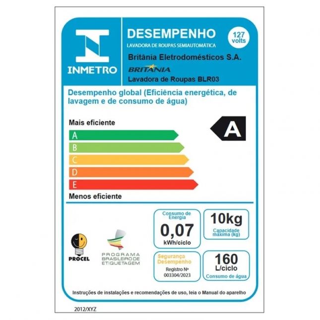 Tanquinho Britânia 10kg BLR03 Semiautomático 7 programas Timer Branca 110V